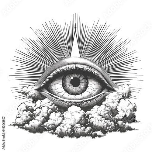 All-seeing eye vintage illustration, black sketch, radiant beams, divine mysticism, enlightenment, detailed engraving, old engraving style, clouds, spiritual symbol, occult eye art