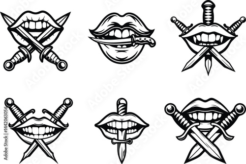 Danger mouth and knife isolated vector graphics resource, Danger mouth and knife silhouette vector, Danger mouth and knife line art vector illustration set