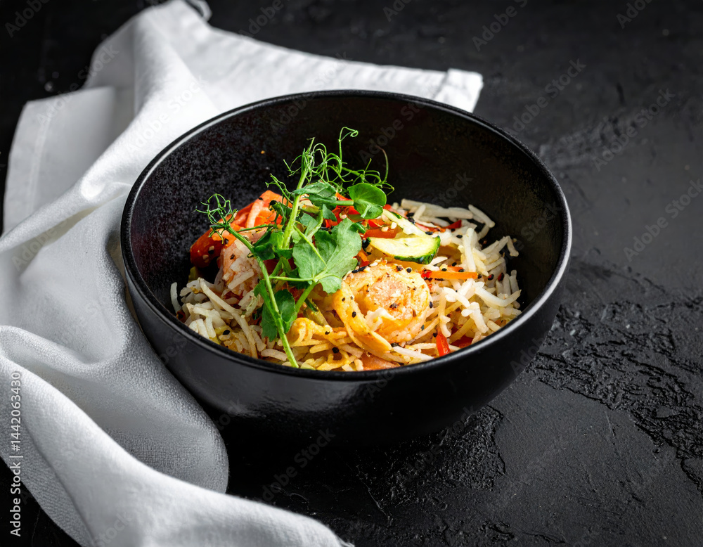 delicious bowl of rice with shrimp, vegetables, and fresh herbs, beautifully presented in textured black bowl. dish is garnished with microgreens, adding touch of elegance delicious bowl of rice with shrimp, vegetables, and fresh herbs, beautifully presented in textured black bowl. dish is garnished with microgreens, adding touch of elegance
