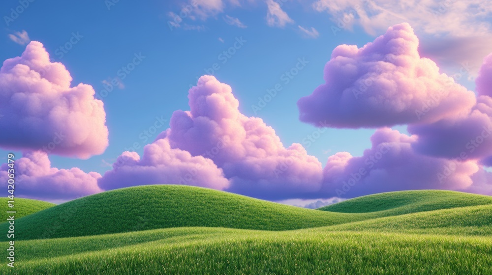 illustration of Summer fields landscape with a dawn,Rainbow, green grass hills, bright color blue sky, country background,banner resting vacation.