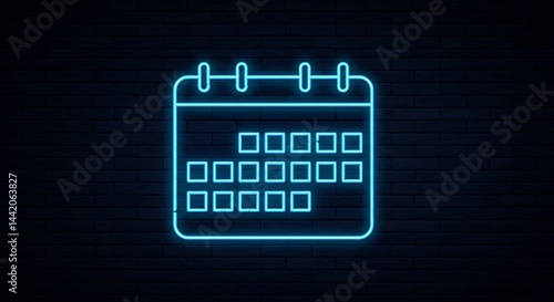 A neon calendar icon displayed against a dark background with a brick like texture design element