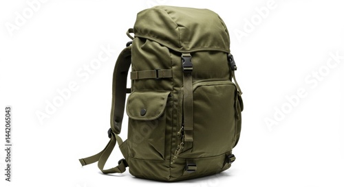 Olive green rucksack with buckles and pockets perfect for travel and outdoor adventures offering plenty of storage and a stylish design for carrying gear