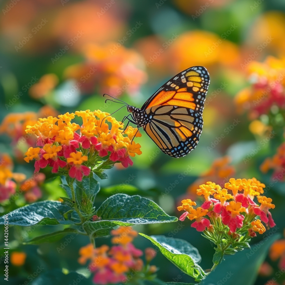 Obraz premium Monarch butterfly gracefully perched on a vibrant flower, showcasing its intricate wings under the warm sunlight in a serene garden setting.