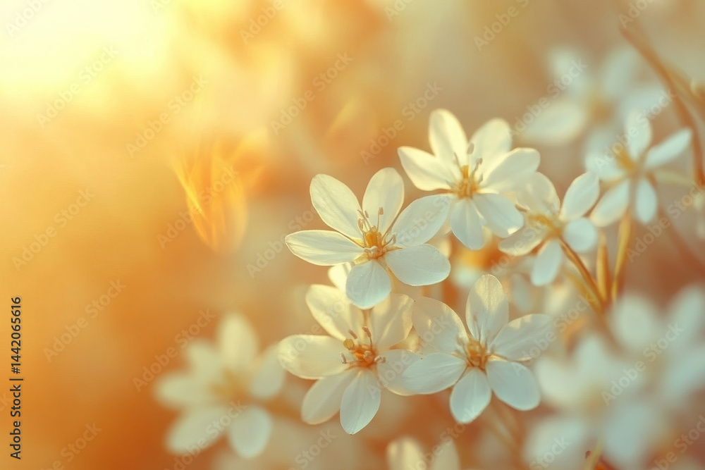 Obraz premium Delicate white flowers bloom in soft, warm light, creating serene and tranquil atmosphere. blurred background enhances beauty of these blossoms, evoking sense of peace and renewal