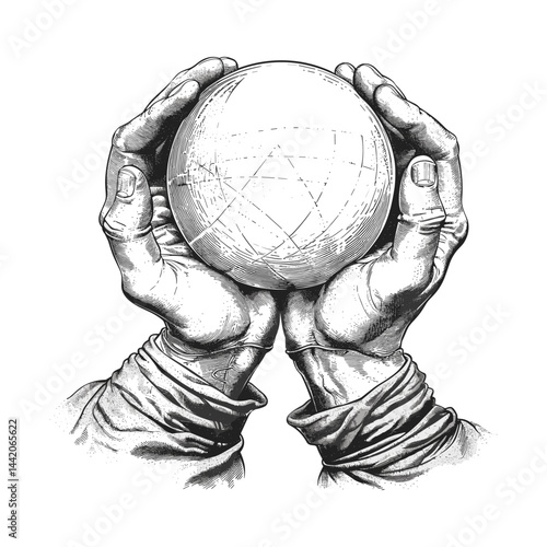 Hand drawn, vintage engraving, magic crystal ball, fortune teller, line art, tattoo, black sketch, old engraving style, vector illustration, witchcraft illustration, boho mystic art