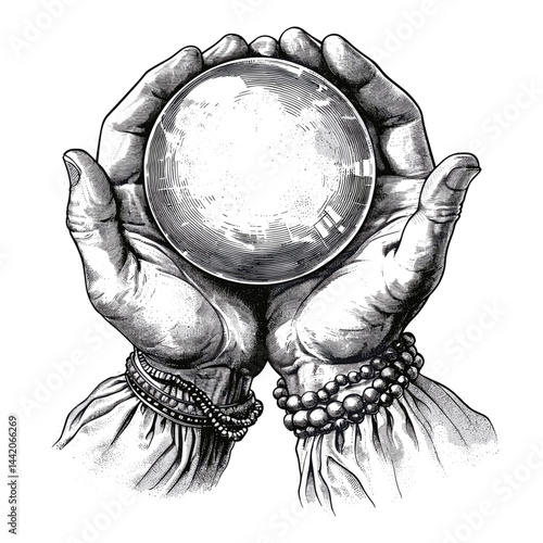 Vintage engraving, hand drawn, fortune teller, magic crystal ball, line art, tattoo, cut out, vector illustration, black sketch, old engraving style, mystical art, occult drawing