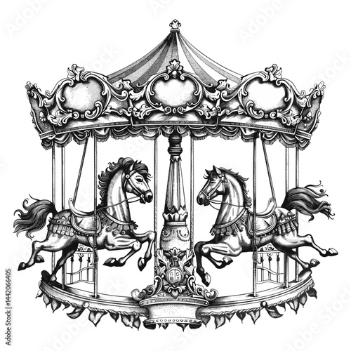 Striped canopy, vintage carousel logo, ornate horses, black sketch, old engraving style, vector art, nostalgic fairground, retro amusement ride, whimsical carnival illustration