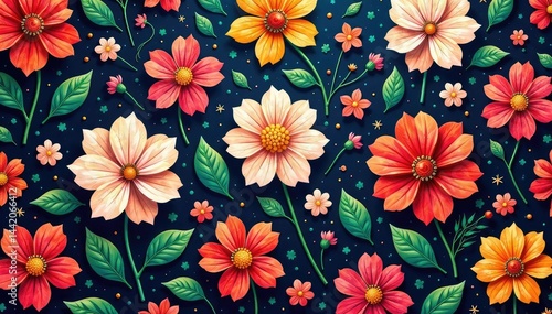 Intricate floral textile design, repeating motif, delicate, nature, bloom