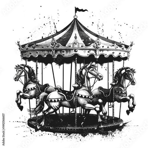 Vintage carousel logo, ornate horses, striped canopy, vector art, black sketch, old engraving style, retro amusement ride, hand drawn fairground, nostalgic carnival illustration