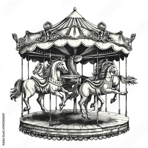 Ornate horses, vintage carousel logo, striped canopy, vector art, old engraving style, black sketch, antique fairground ride, classic amusement park, nostalgic vintage design