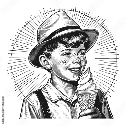 Old engraving style boy, vintage ice cream, 1950s retro sketch, trendy black artwork, retro child eating ice cream, classic vintage cartoon, hand drawn retro boy illustration,