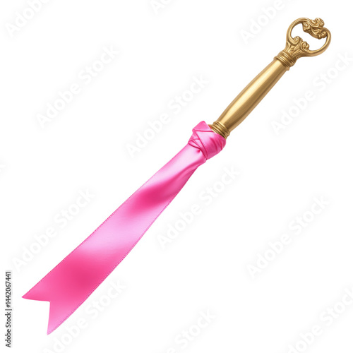 Golden Key with Pink Ribbon for Celebratory Events and Occasions Isolated on transparent background