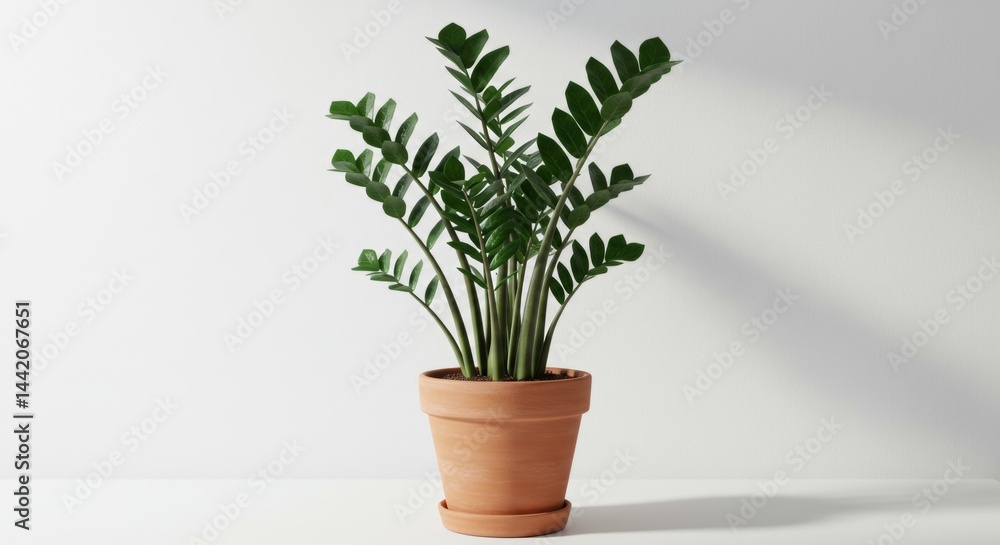 Obraz premium ZZ plant in a terracotta pot against a white wall adding life to indoor spaces and modern interior design with its natural green foliage