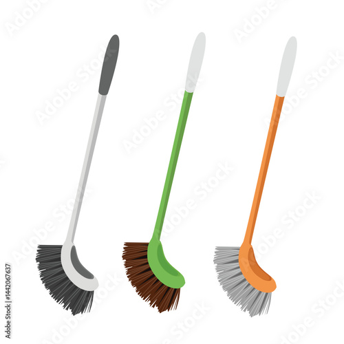 Long handle brush vector illustration in cartoon style. Scrub brush with handle clipart. Toilet cleaning tool, cleaning supplies flat vector isolated on white background.
