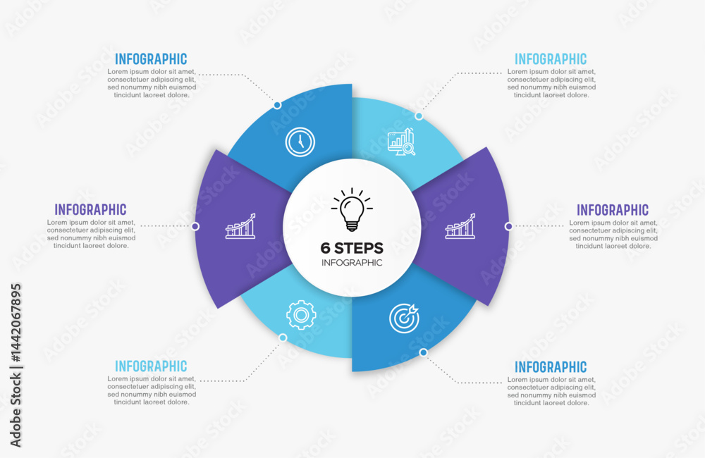 Vector infographic label design with circle infographics template design and 4-5-6 options or steps. Can be used for process diagram, presentations, workflow layout, banner, flow chart, info graph.