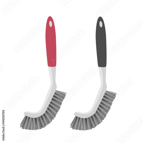 Long handle brush vector illustration in cartoon style. Scrub brush with handle clipart. House cleaning tool, cleaning supplies flat vector isolated on white background.