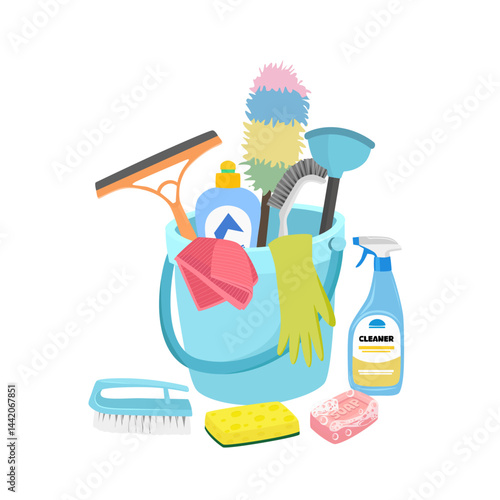 Cleaning kit vector illustration in cartoon style. Squeegee, spray bottle, duster, sponge, scrub brush, detergent bottle, plunger, cloth. House cleaning tool, cleaning supplies flat vector isolated.