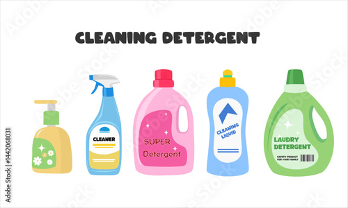 Detergent bottle, bleach can, cleaning spray bottle vector illustration in cartoon style. House cleaning detergent, cleaning supplies flat vector isolated on white background.