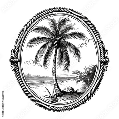 Black sketch palm tree, vintage old engraving style, oval rope frame, black and white tropical palm, coastal decor art, tropical retro artwork, vintage tropical print, antique palm sketch