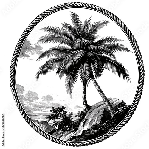 Vintage black and white palm tree, old engraving style, trendy sketch, oval frame with rope border, tropical vintage illustration, retro palm art, hand drawn palm tree, aesthetic print