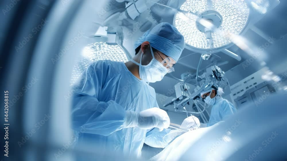 Surgeons performing a complex operation in a bright, modern operating room setting Surgeons performing a complex operation in a bright, modern operating room setting