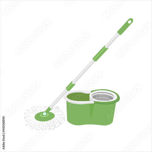 Plastic spin mop with handle stick and round brush for floor cleaning. Domestic manual supply for housework. Cleaning tool clipart in cartoon style. Cleaning supplies flat vector isolated on white