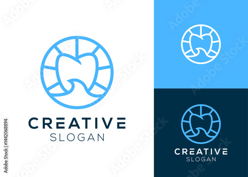 Abstract waves and teeth inside circle logo design for dentist and coastal