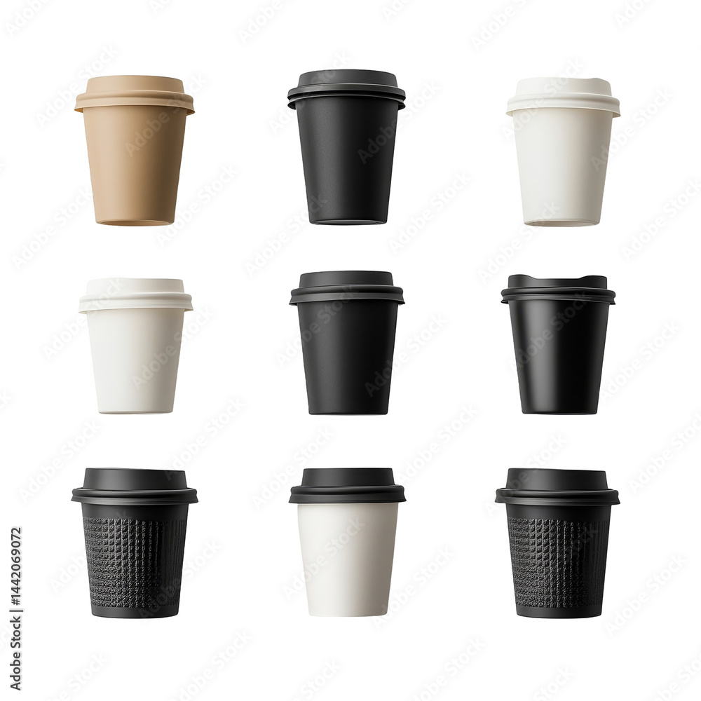 Collection of assorted plastic coffee cups arranged on a transparent background for display and review, Plastic coffee cup on transparent background Collection of assorted plastic coffee cups arranged on a transparent background for display and review, Plastic coffee cup on transparent background
