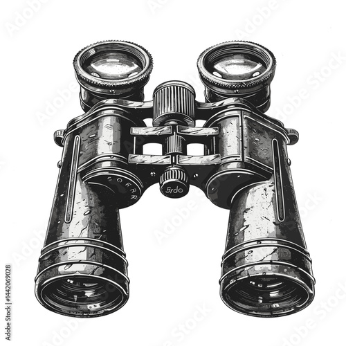 Old engraving style, vintage binoculars, detailed lenses, black and white sketch, classic retro design, antique binoculars, traditional optics artwork, hand-drawn binoculars