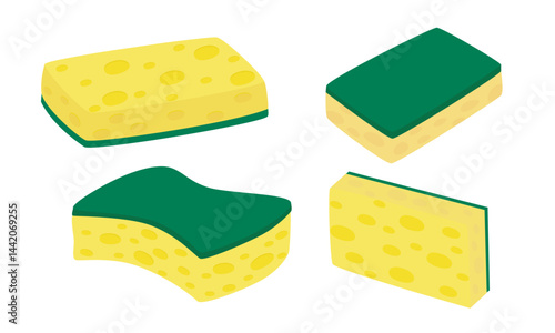 Scrub sponge vector illustration in flat design. Yellow sponge with green scouring pad for housework cleaning. Dish washing tool clipart in cartoon style. Cleaning supplies concept