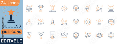 Editable vector line icon set for success and achievement. Featuring award, trophy, growth, goal setting, teamwork, and leadership. Perfect for business, marketing, and motivation designs.