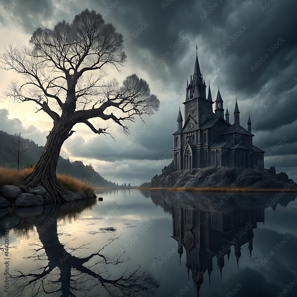 Fototapeta premium Gothic Castle on the Lake: A majestic gothic castle, perched dramatically on a rocky outcrop in a still lake, is reflected perfectly in the dark water. A solitary.