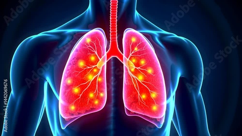 Scanning infections, lung disease, viral spread. Tissue damage. Airways swell with severe inflammation. Pulmonary resistance increases alveolar strain. Immune reaction combats viral intrusion.