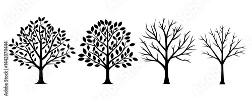 Four trees silhouette vector illustration, two with leaves, and two without, representing different stages of growth. Ideal for nature, seasons, and environmental concepts.