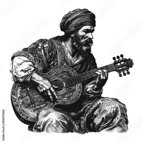 Vintage black sketch, Ukrainian Cossack with lute, old engraving style, bold retro artwork, antique illustration, classic hand-drawn warrior art, historical graphic,
