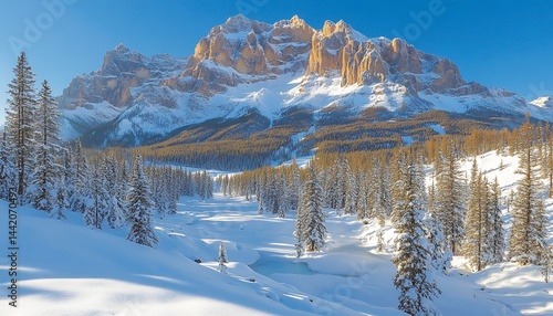 Snowy mountain vista, winter wonderland
