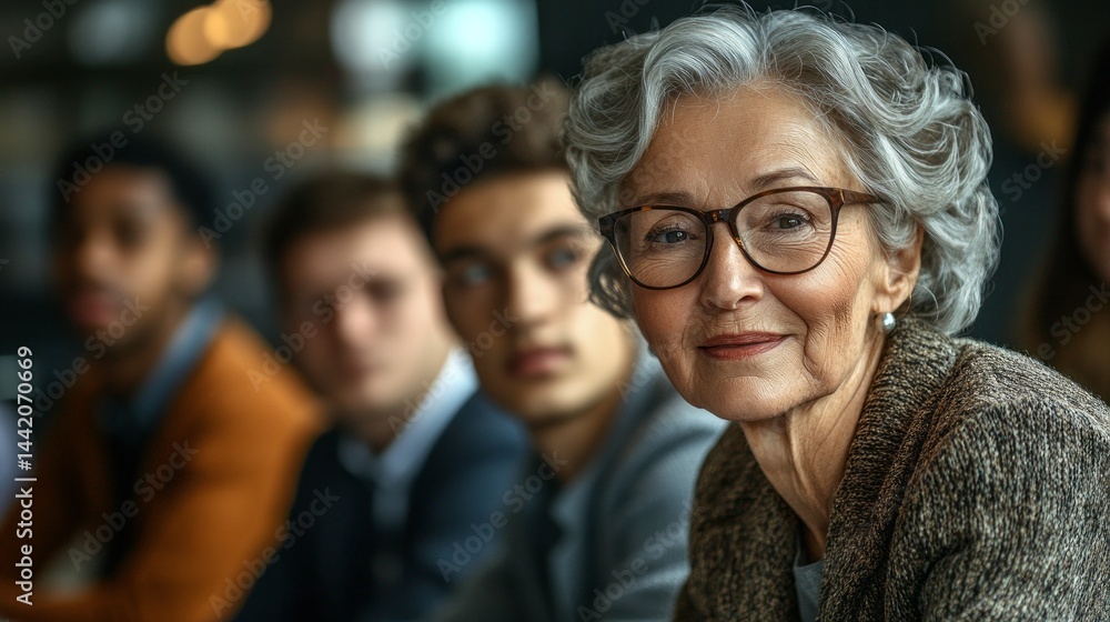 An elderly woman leads a discussion with a group of young men in a modern office environment, demonstrating mentorship and the breaking of traditional barriers in business An elderly woman leads a discussion with a group of young men in a modern office environment, demonstrating mentorship and the breaking of traditional barriers in business