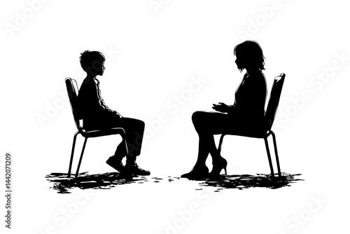 Two people talking, silhouette style, on white background. Concept of communication. Concept of psychotherapy session