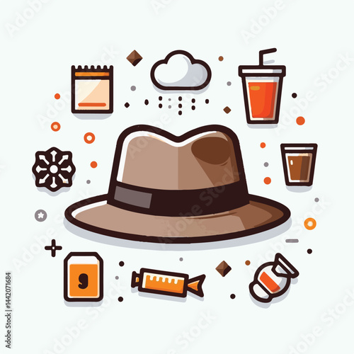 hat, fedora, fashion, design, isolated, object, accessory, retro, vintage, cap, wear, classic, white, head, style, clothing, old, illustration, vector, felt, icon, graphic, brim, element, costume, bla