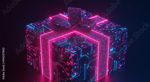 A glowing gift box with circuit board design and a dark bow on a dark background in a studio shot