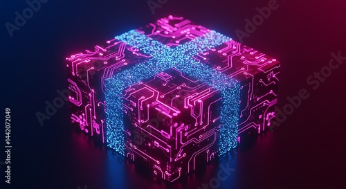 A glowing cube with pink circuit patterns and a blue dotted ribbon on a dark background surface