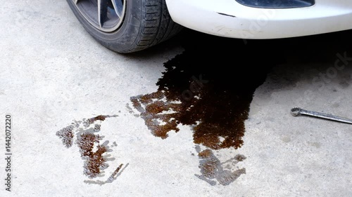 A car has a black oil stain on the ground