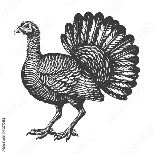 Vintage turkey bird logo, trendy black sketch, emblem, icon, old engraving style, Thanksgiving illustration, hand drawn wild turkey, rustic bird art, antique farm animal sketch