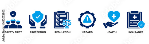 Banner work safety concept, hazards, protections, health and regulations with keywords and icons