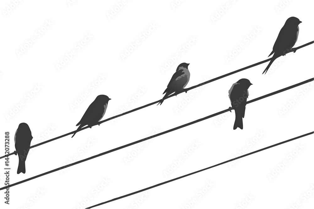 Silhouette of birds, bird's flock to power line Silhouette of birds, bird's flock to power line