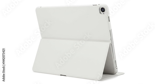 White tablet computer with a cover standing on a white surface in a studio setting back view