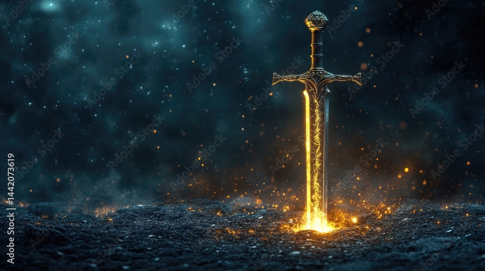 Naklejka premium Golden sword isolated against a white background shining with mystical energy
