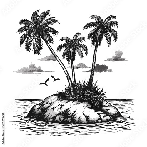 Uninhabited tropical island, vintage hand drawn illustration, old engraving, black sketch, trendy logo, island emblem, retro adventure scene, summer paradise beach