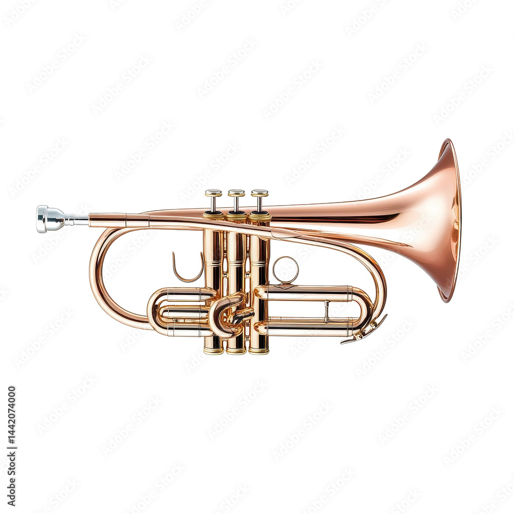 Obraz premium A copper-colored cornet trumpet, a brass instrument for producing musical notes.