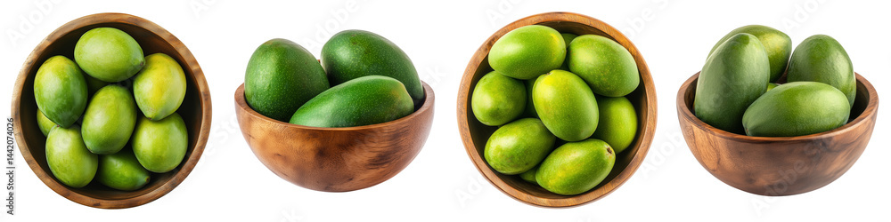 Set of green mangoes in a wooden bowl, isolated on a transparent background. Set of green mangoes in a wooden bowl, isolated on a transparent background.